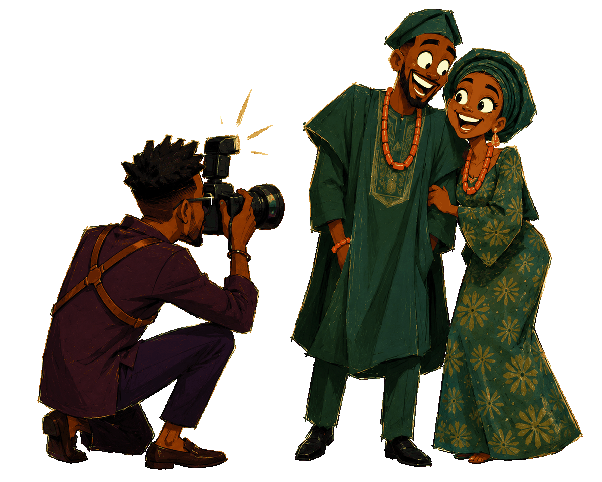 Illustration of a photographer capturing a Nigerian couple in traditional attire